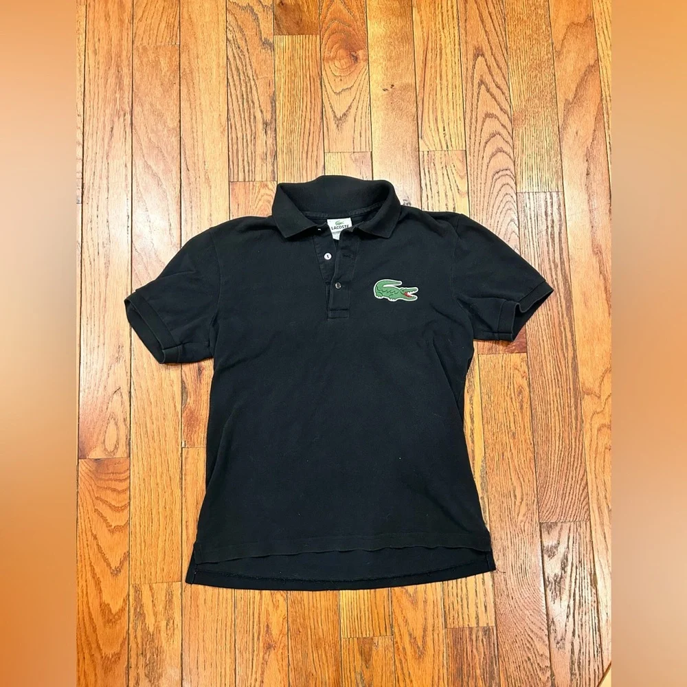 Vintage Lacoste Polo Shirt Size 3 Black Cotton Short Sleeve Big Croc Peru France - Picture 2 of 8
